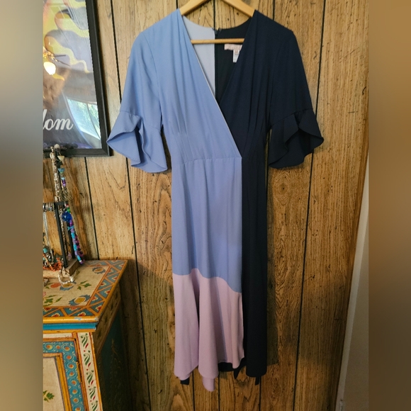 HUTCH / ANTHROPOLOGIE Colorblock Crepe Faux Wrap Dress - Medium - Picture 4 of 8